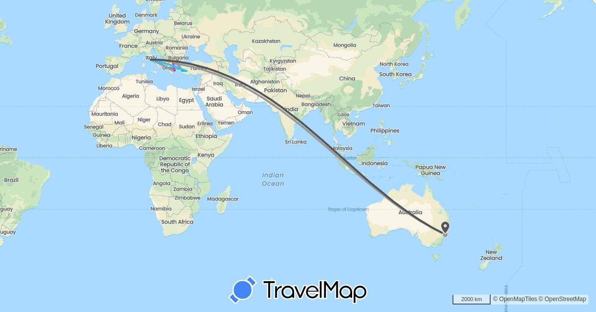TravelMap itinerary: driving, bus, plane, train, boat, hitchhiking, motorbike in Australia, Greece, Italy, Turkey, Vatican City (Asia, Europe, Oceania)